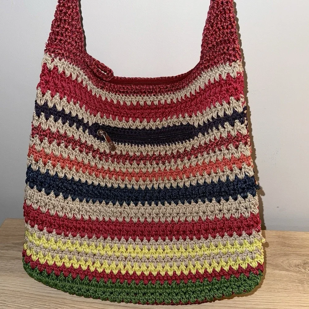 The Sak Crochet Shoulder Bag Multicolor Knit Stripe Hobo Purse Boho Slouch Tote - Picture 11 of 11